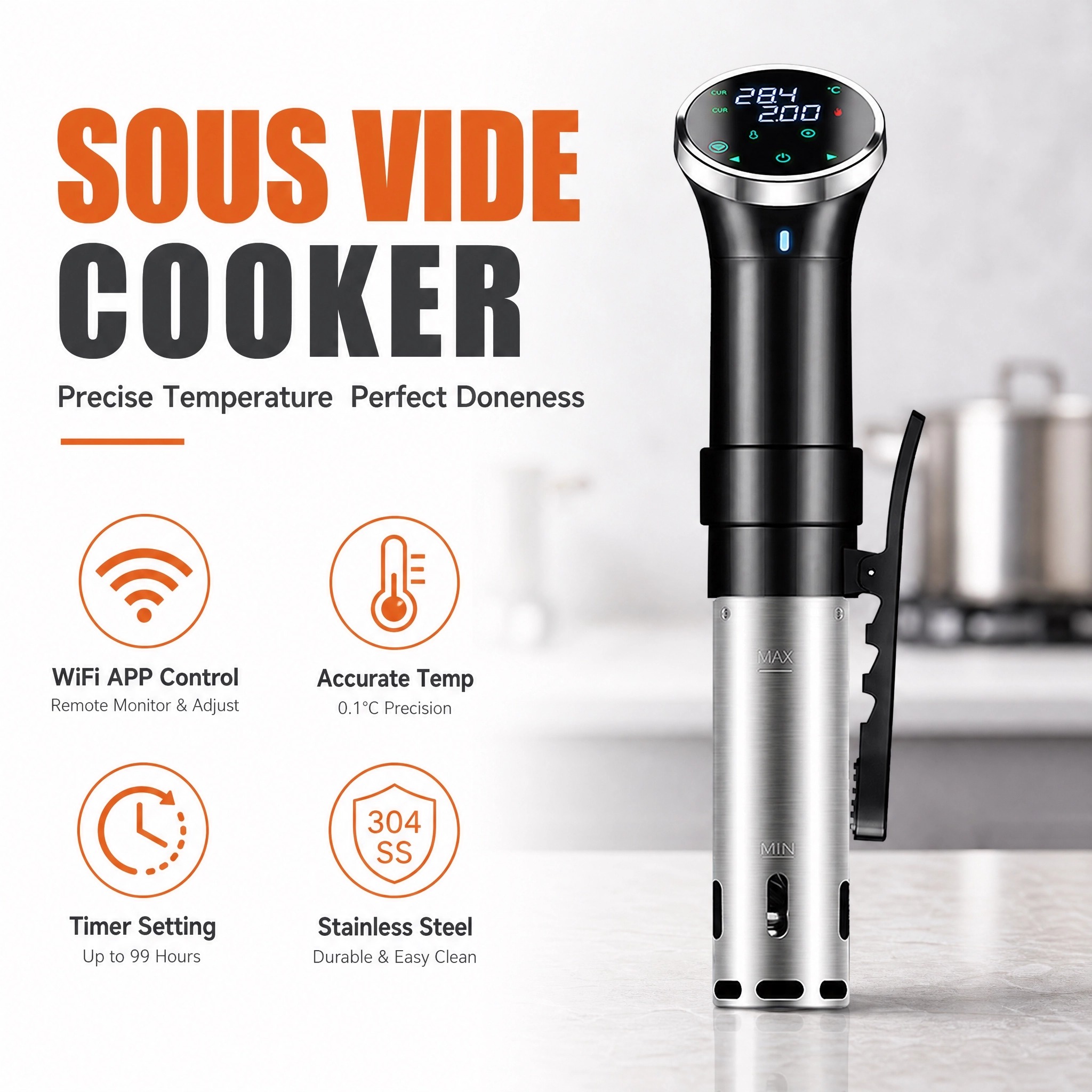 Digital Sous Vide Precision Cooker - 真空調理器 WiFiデジタル精密調理器、1100W浸漬ヒーター、ステーキ解凍機能付き真空調理機キット
